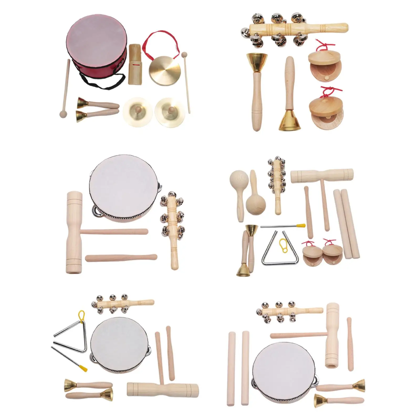 Kids Wooden Musical Instruments Set with Tambourine Drum Double Boomer Triangle for Toddlers 1-3 Montessori Preschool Toys