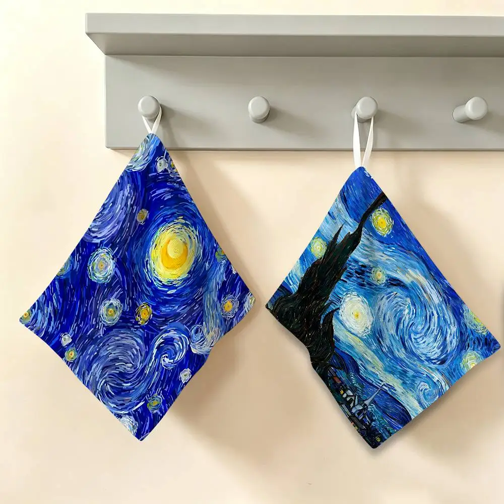 Van Gogh Oil Paintings Thickened Polyester Cotton Hanging Towel, High Absorbent Hand Wiping Towel for Indoor Use