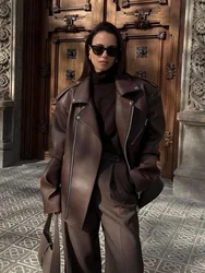 Vintage Pu Leather For Women Turn-down Collar Loose Jackets Zippers Motorcycle Female Coats 2024 Autumn New Lady Outerwears