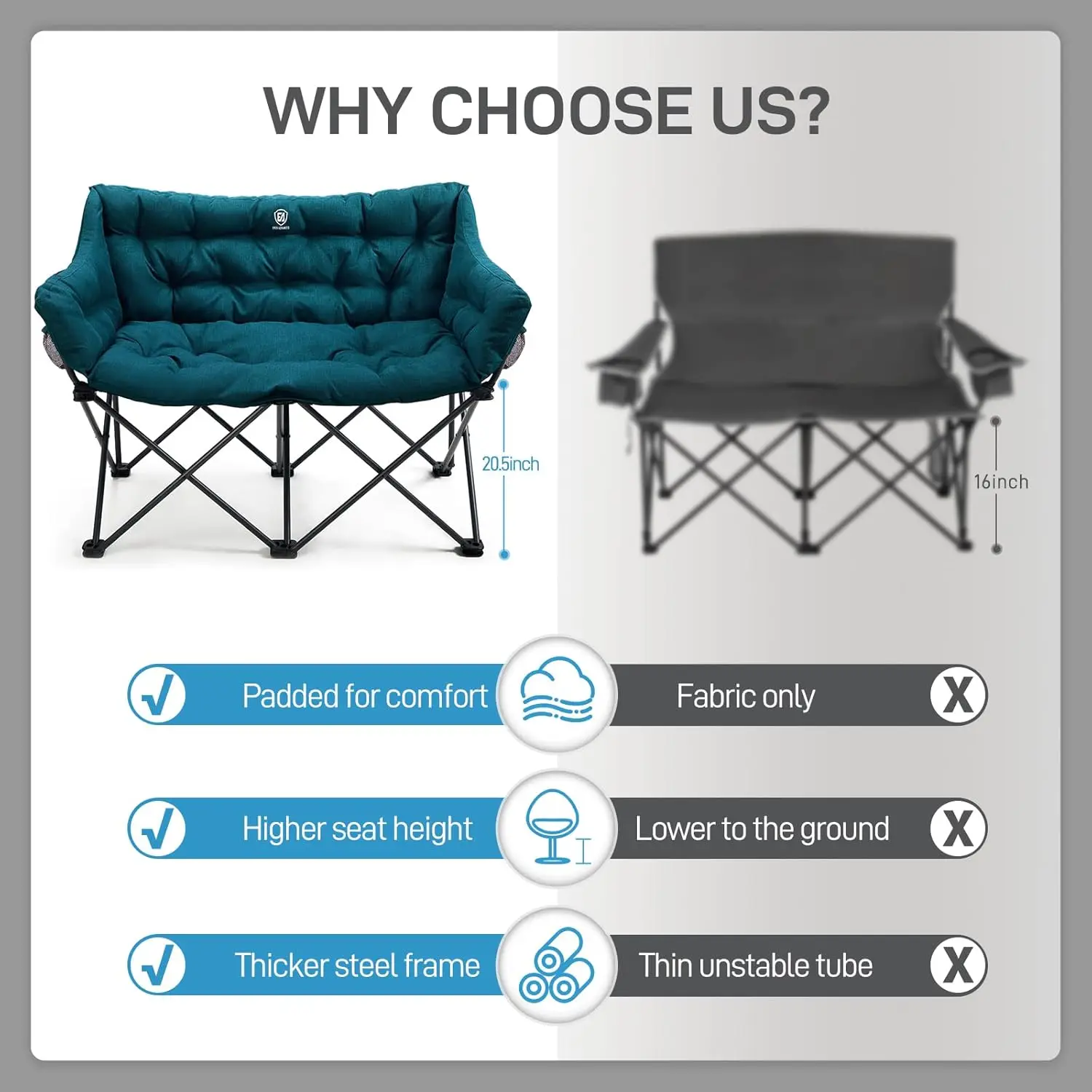 Iron Green Double Camping Chair With Padded Outdoor Folding Double Beach Chair With Side Pouch