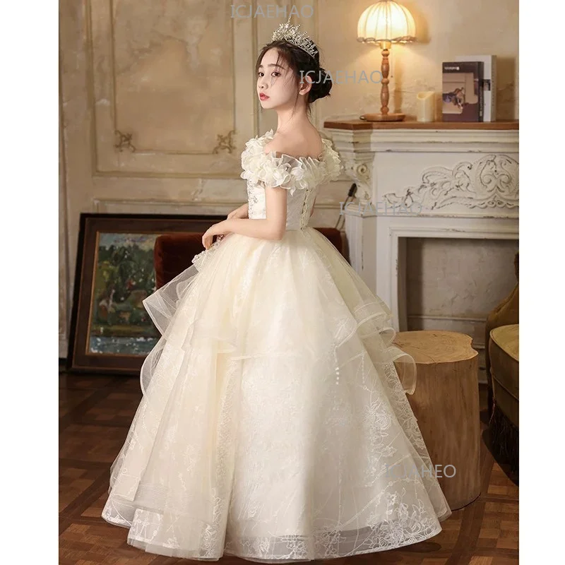 Off Shoulder Girls Wedding Host Gown, Luxury Unique Piano Performance  Children Costume Elegant Princess Dress For Kids