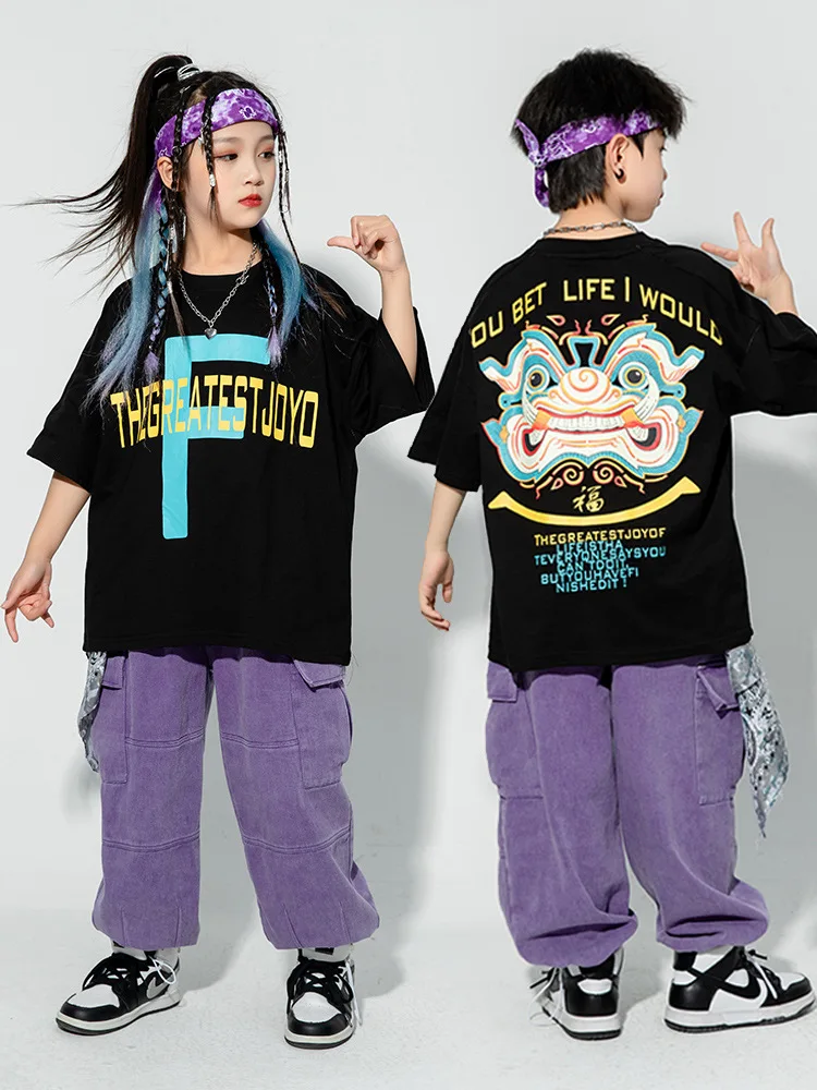 

Kids Hip Hop Clothing Black Tops Streetwear Purple Harajuku Jogger Tactical Cargo Pants for Girls Boys Dance Costume Clothes