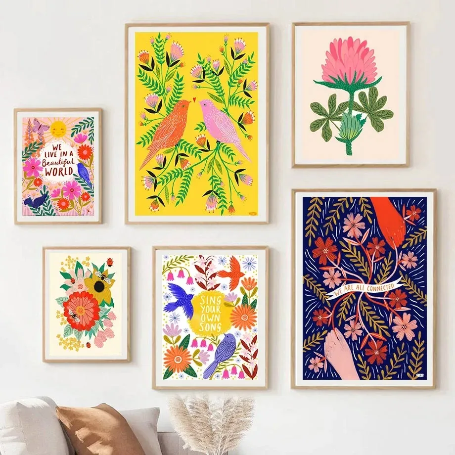 Color Flower Bee Bird Butterfly Insect Leaf Quote Boho Posters And Prints Wall Art Canvas Painting Picture For Living Room De