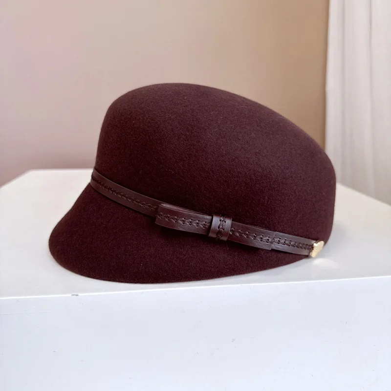 Simple fashion British Knight hat 100% Australian wool felt hat chic PU leather bow fashion hat