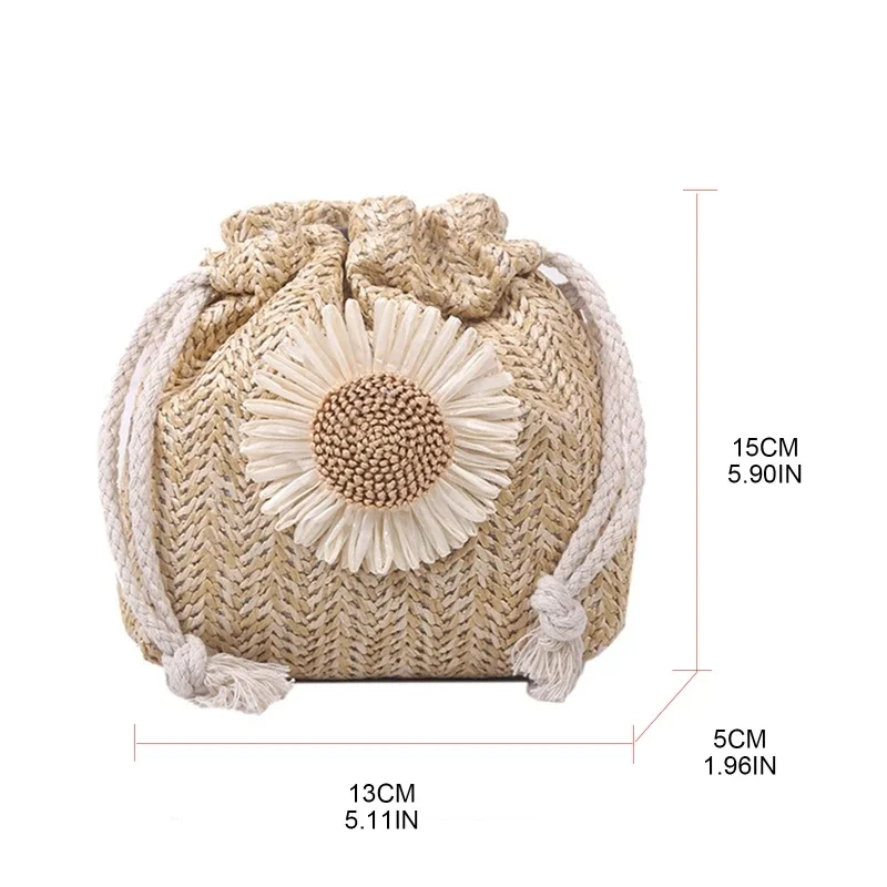 Drawstring Woven Bucket Bag One Shoulder Bag for Women's Sunflower Beach Bag Fashion Korean Version Cute Crossbody Bag Handbag