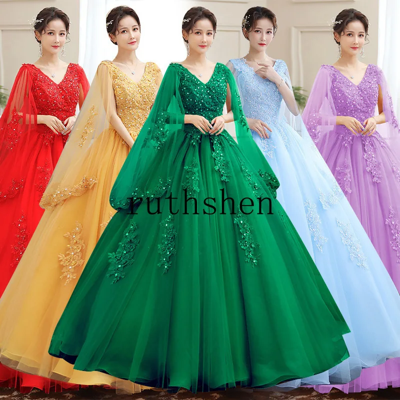 Evening Dresses Luxury 2025 Gold V-neck Lace Appliques Beaded Elegant Flare Sleeves Vestidos De Fiesta Woman 드레스 Customized