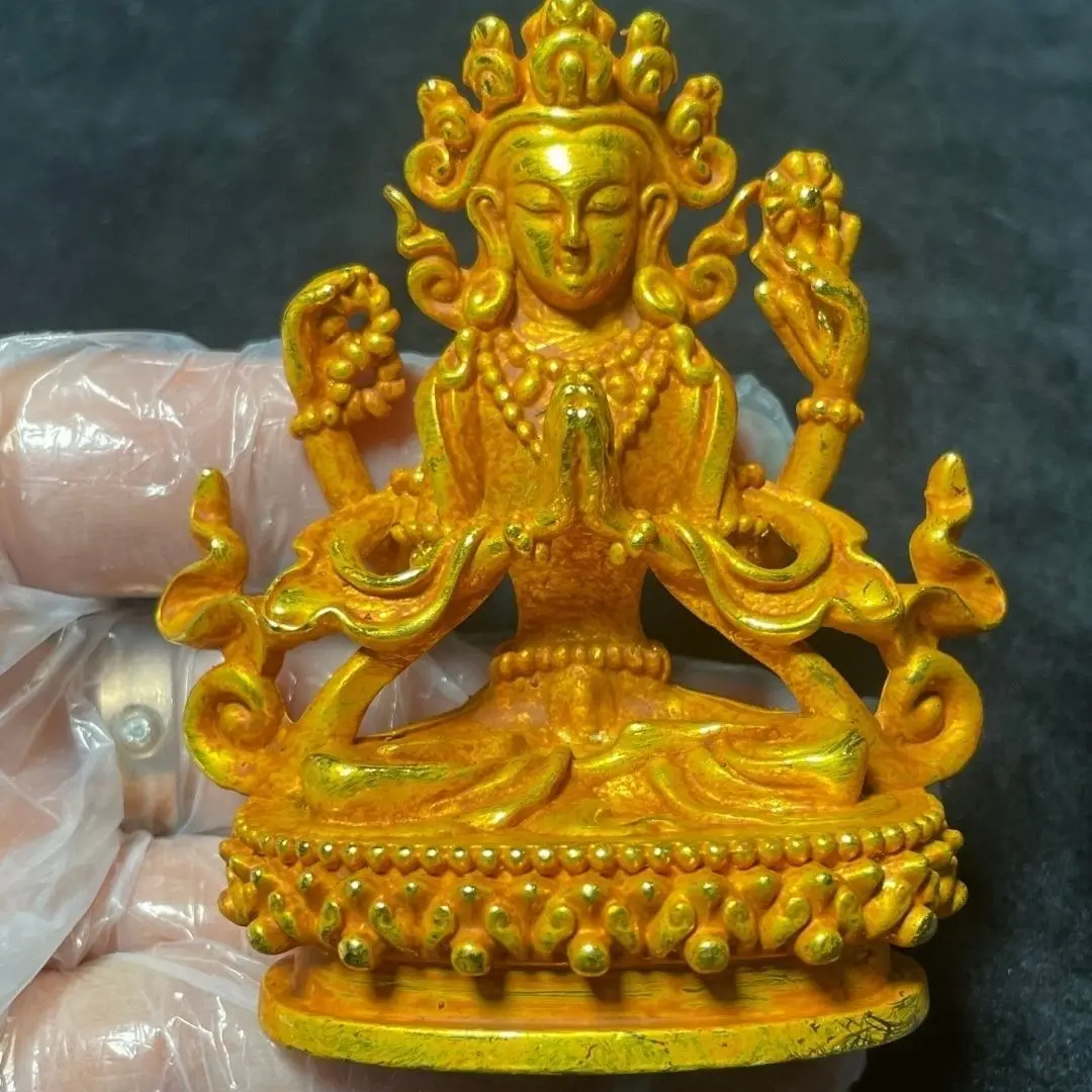 Gilt pure copper Tibetan bronze bronze statue Buddha statue is dedicated to the four-armed Bodhisattva Guanyin, Guanyin Bodhisat