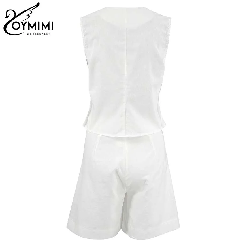 Oymimi Elegant White Cotton Two Piece Set For Women Casual V-Neck Sleeveless Shirts And Simple High Waisted Shorts Sets Homewear