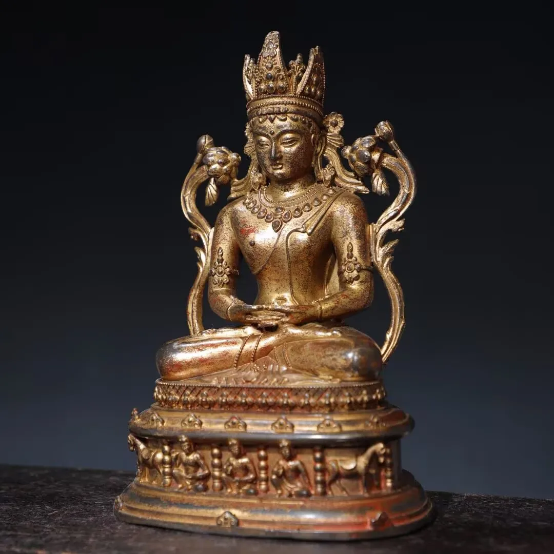 Nepalese Tibetan Bronze Clay Gold Vermilion Sand Painting of Longevity Buddha Guanyin Bodhisattva Tara Decoration 20cm Home and