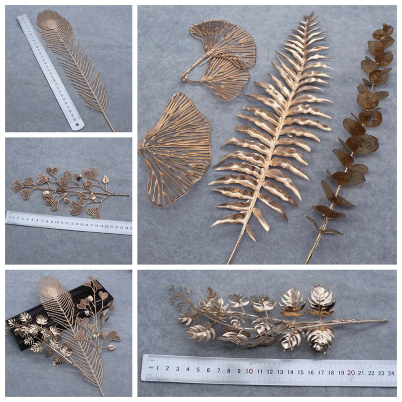 Plastic Filigree DIY Bridal Scepter Bouquet Flower Material Spray Paint Golden Plastic Artificial Leaves For Ikebana Accessories