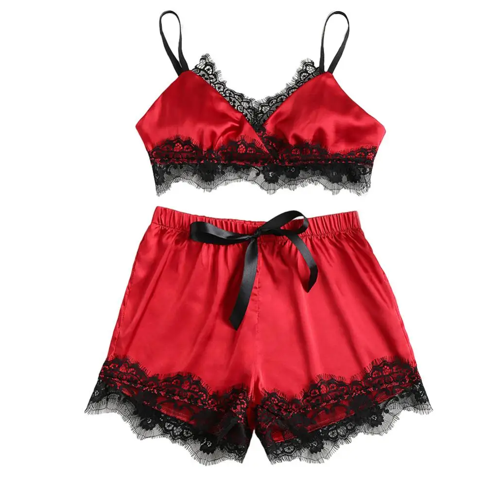 

Women Sexy Lace Patchwork Sleepwear Set Spaghetti Straps Bra Elastic Bow Shorts