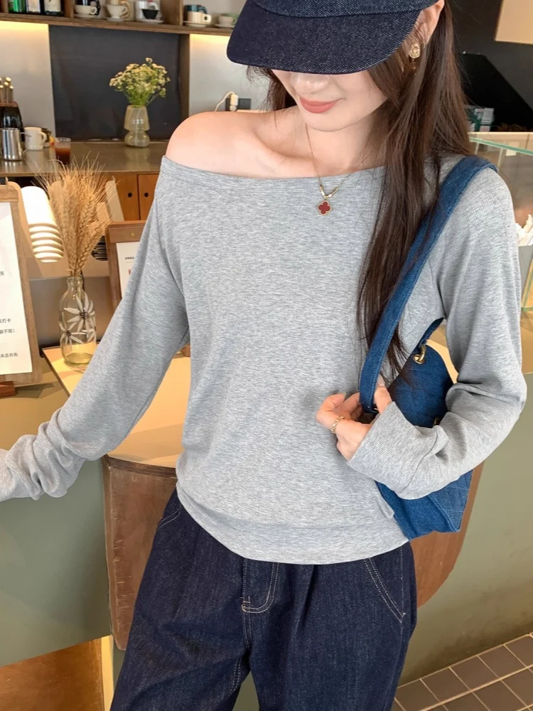White Asymmetrical Shoulder Long Sleeve T-Shirt Women's Autumn Winter New Style Elegant Light Maturity Unique Top