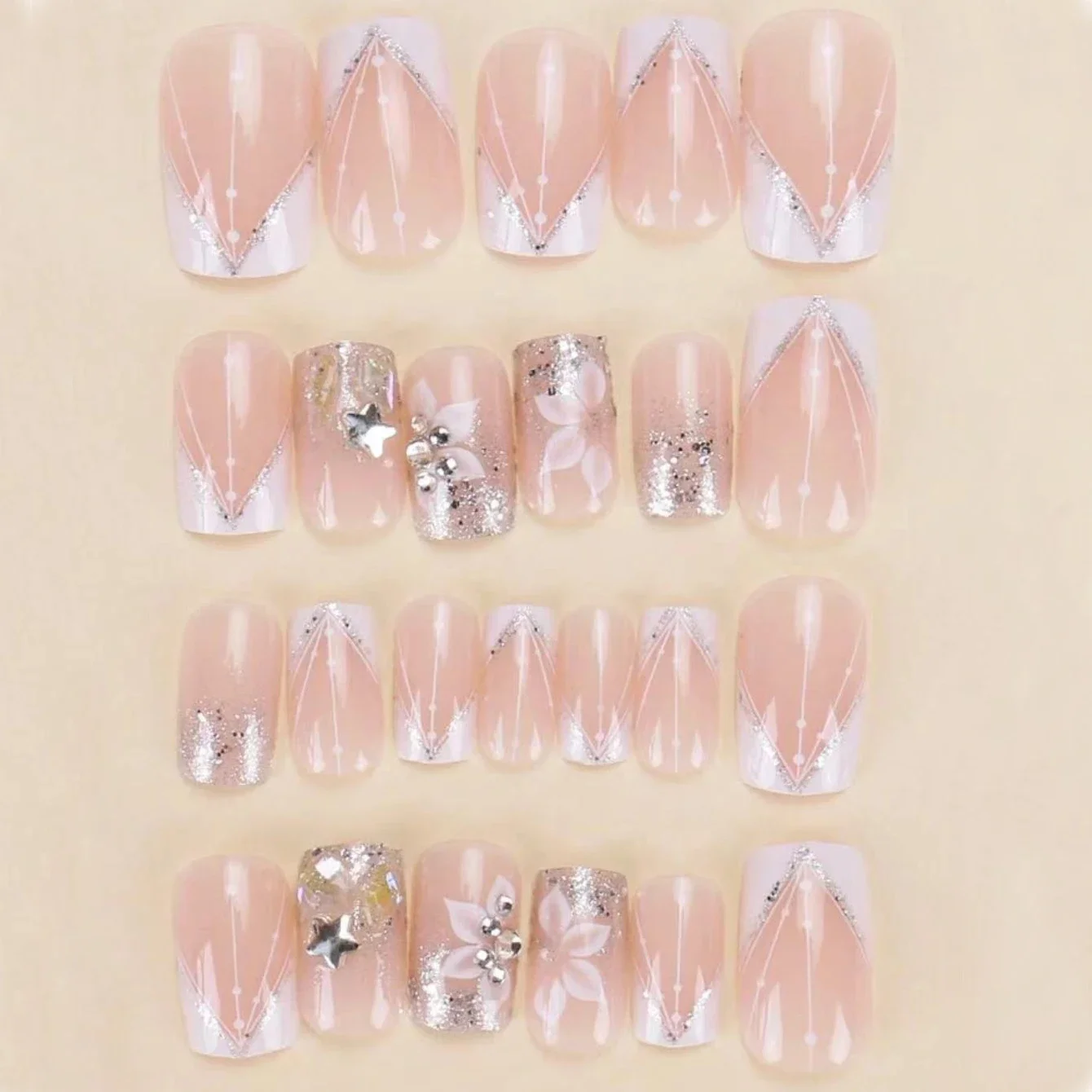 24PCS Square Press Nail White French Pointed Fake Nail with Flash Design, Fully Covered Acrylic Fake Nail