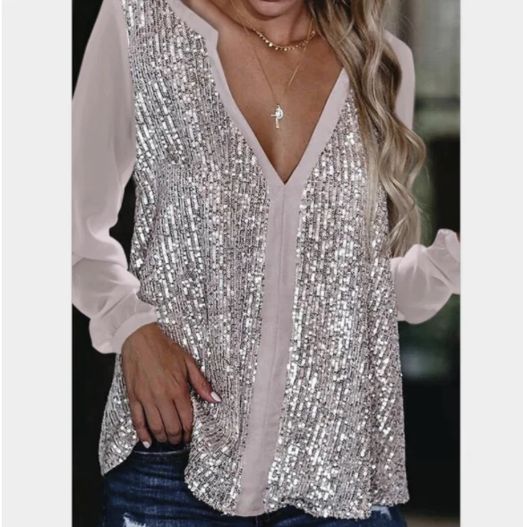 2023 Fashion Sequin Shirt Women Sexy Casual Long Sleeve Fall Streetwear Blouse Business Ldaies Loose Tops