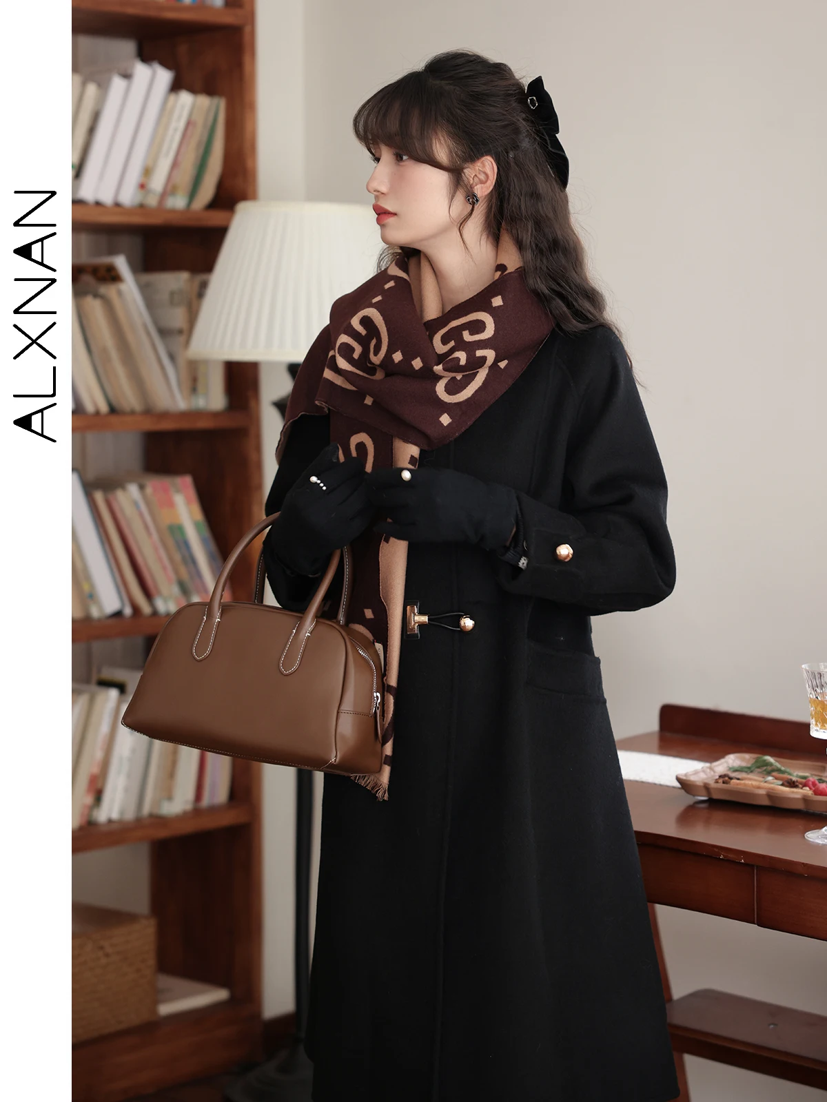 ALXNAN mantel wol tebal temperamen wanita, mantel wol pinggang tinggi longgar Polo kerah Drop Cuff 2024 musim gugur musim dingin LXN27870