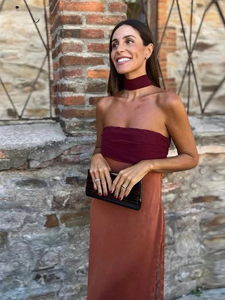 Vestido Vintage de satén sin tirantes para mujer, vestido elegante sin mangas con espalda descubierta y cinta dividida, batas de fiesta elegantes de verano para mujer
