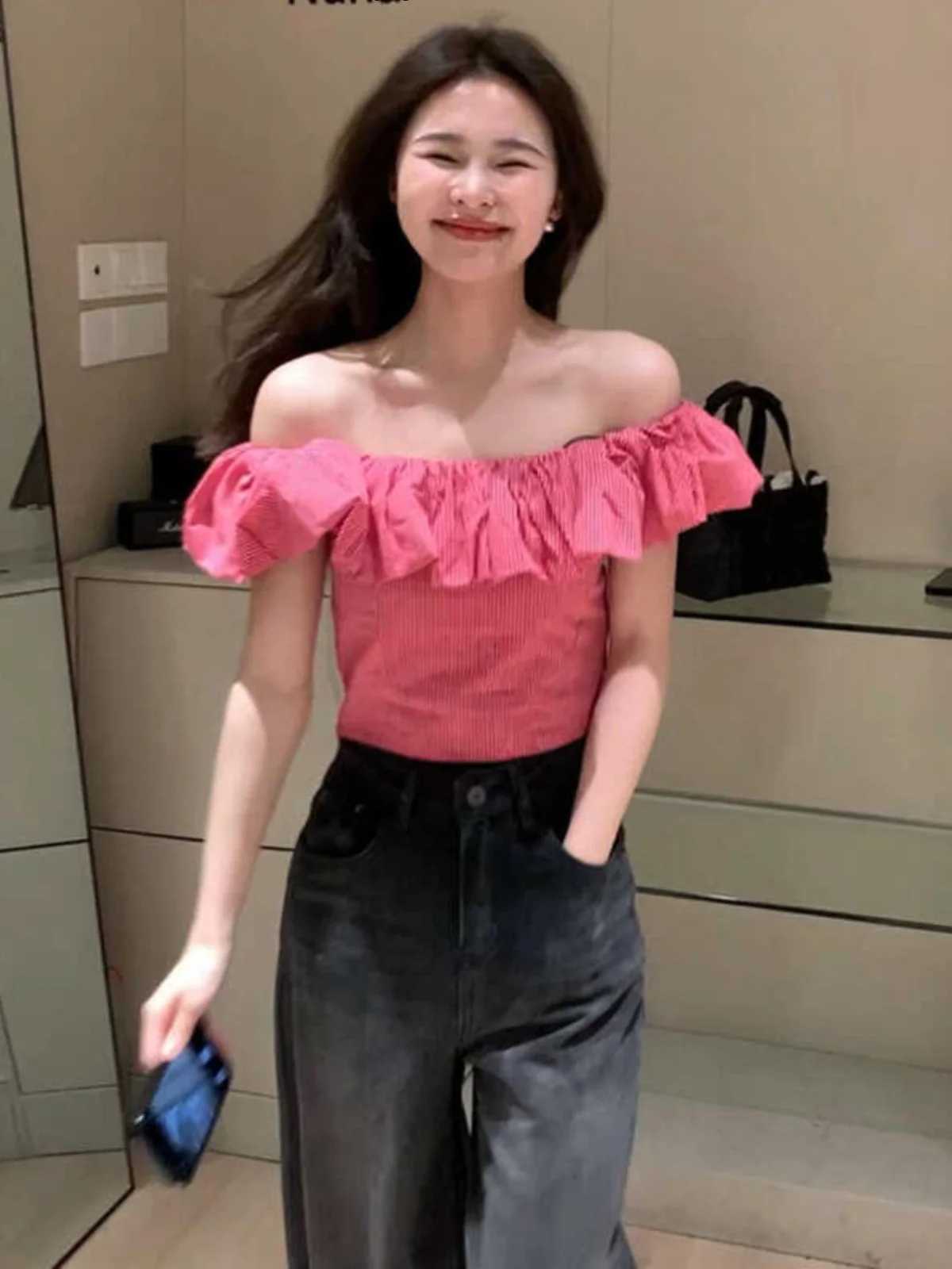 Slim Fit Short Sleeve One Shoulder Ruffle Hem Shirt Women's Summer New Style Sweet And Spicy Girl Exposing Shoulder Top