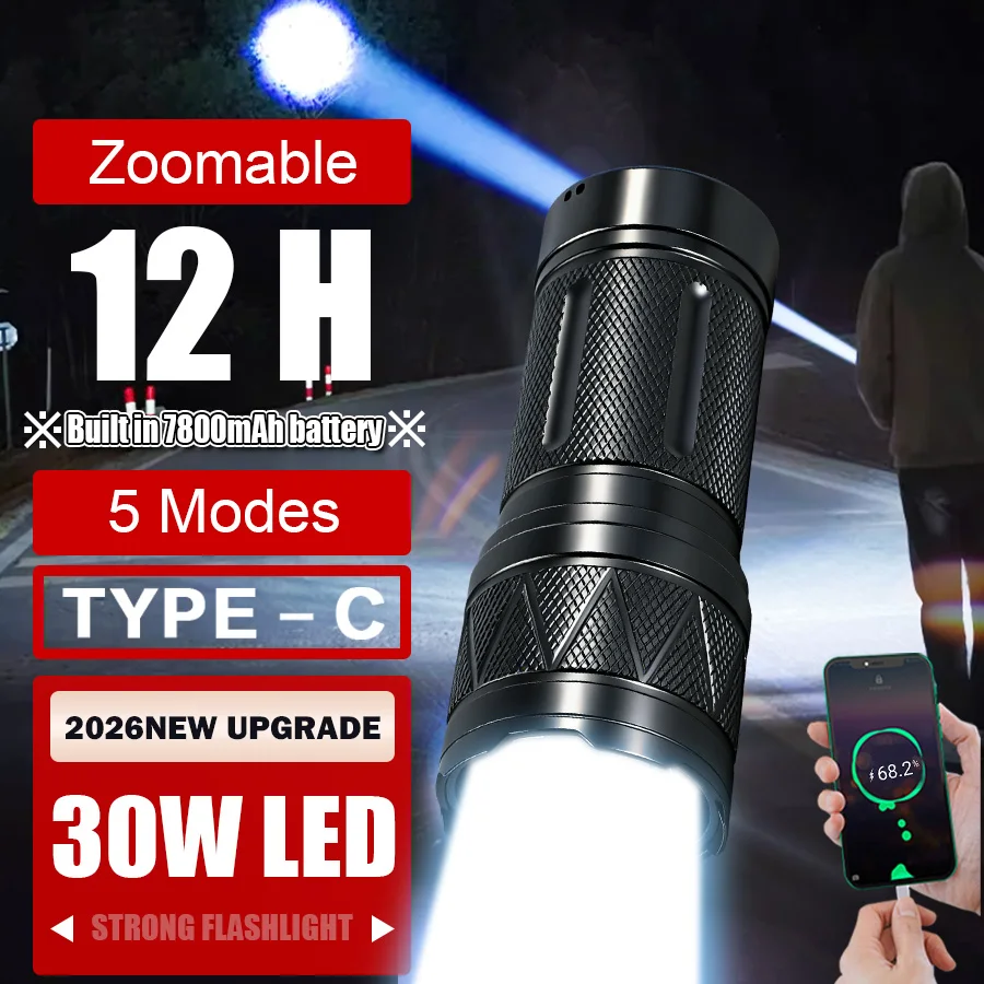 

Супер яркий фонарик со встроенным аккумулятором емкостью 7800 мАч, USB C, перезаряжаемые светодиодные фонарики, мощный фонарик, походный фонарь для кемпинга