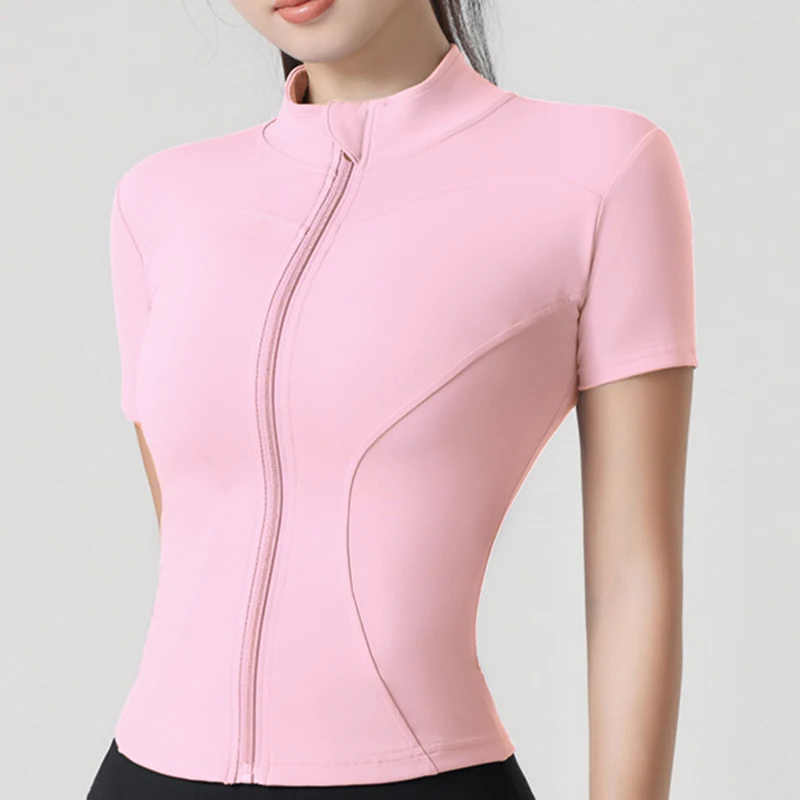 Woman yoga Jacket High Elastic Yoga Short Sleeve Coat Stand Collar Tight Sports Coat Naked Fitness Short Sleeve Female image 6