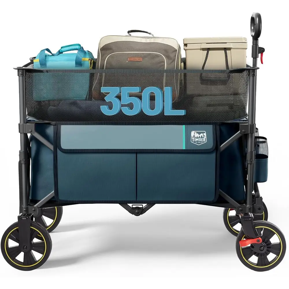 

Extra Large 350L Collapsible Wagon Cart with Brake, Heavy Duty Outdoor Camping Utility Wagon, Adjustable Handle, Cup Holders, Si
