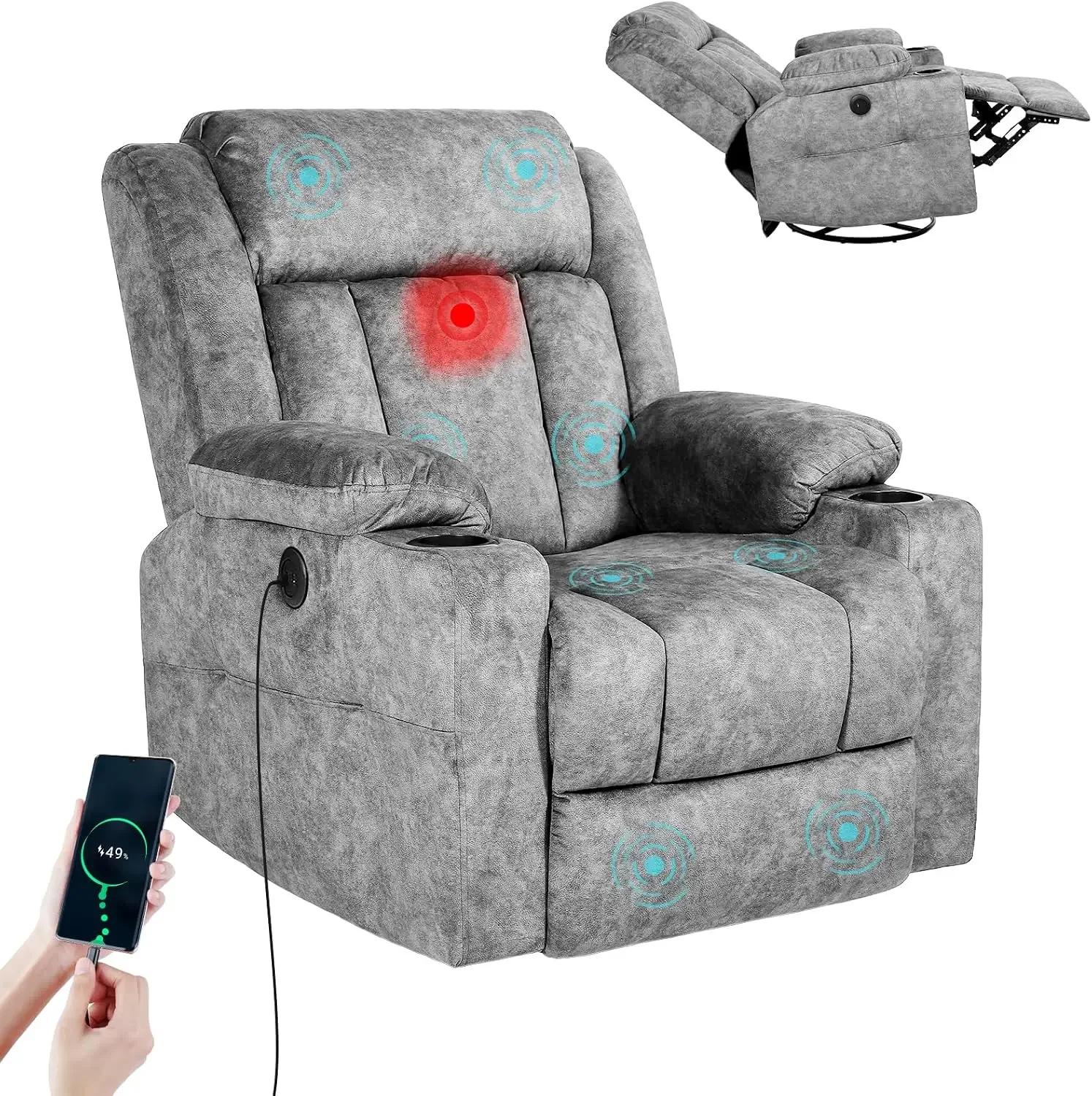 Retro Rocking Recliner Chair, Massage Rocker Recliner Chair with Vibration Massage and Heat, USB and Type-C Ports,360° Swivel Ch