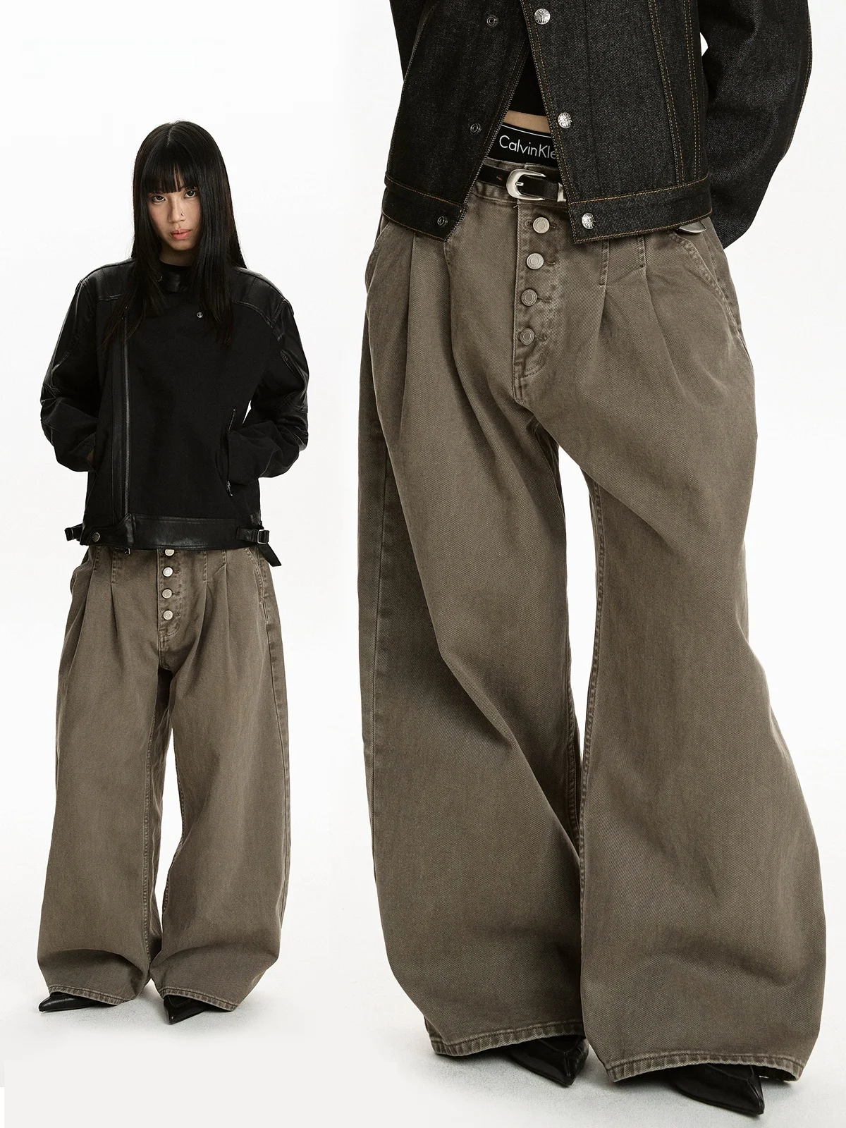 

Aket American Retro Faded Five-Button Pleated Denim Jeans Loose Straight Men's High Waist Cotton Jeans Casual Wear