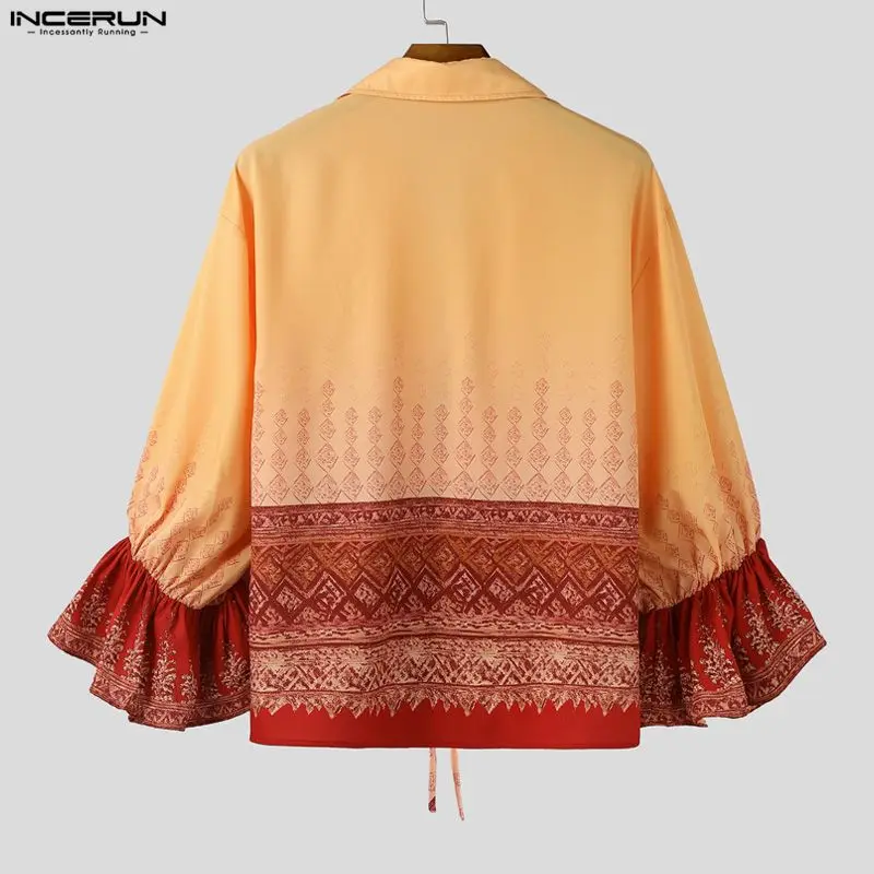 INCERUN الرجال قميص الطباعة العرقية نمط التلبيب مضيئة كم طويل الدانتيل يصل الرجال الملابس الشارع الشهير فضفاض بلايز عادية الذكور القمصان #5