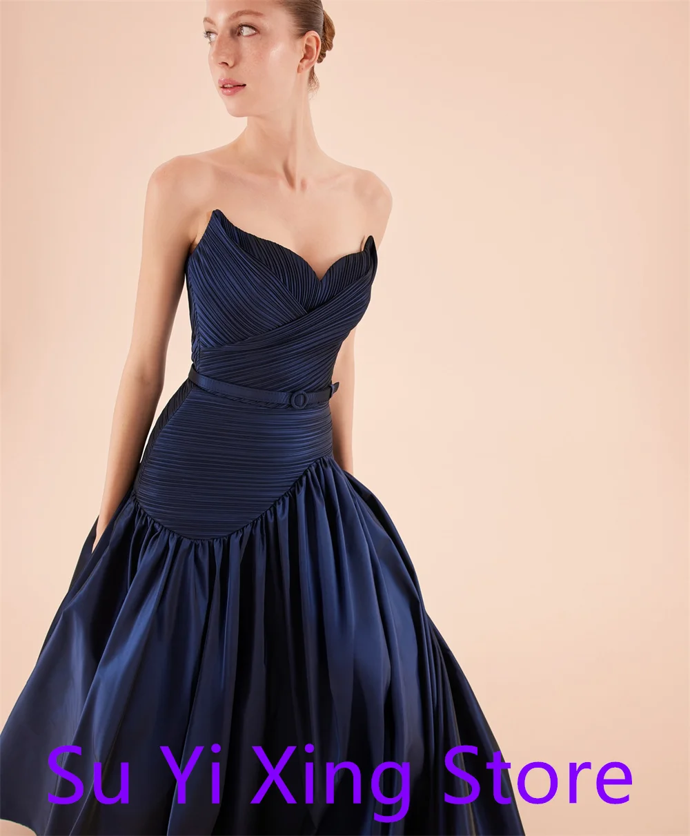 Customized Temperament  Blue Jersey Homecoming Dress Elegant Ruched Strapless Belt(Sashes) Mermaid Zipper Back Robe de soirée