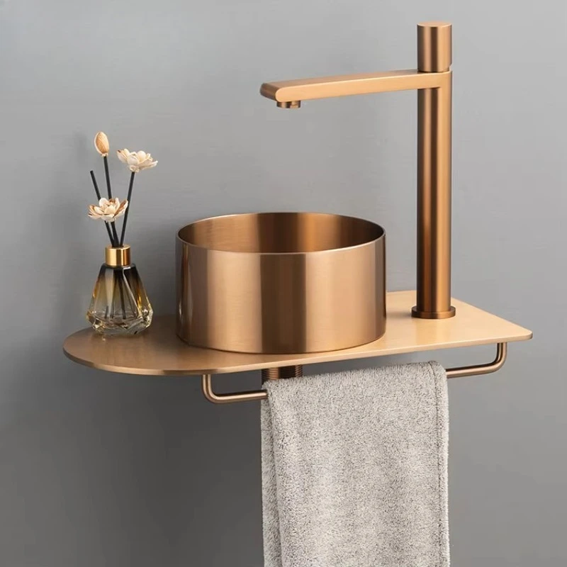 Wall mounted bathroom sink with towel bar, floating capsule unit, center sink and right faucet hole