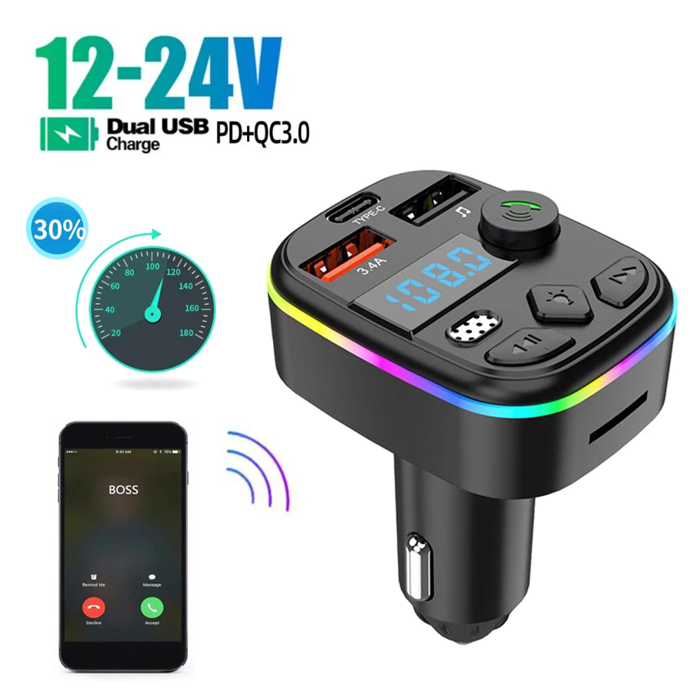 Car Bluetooth 5.0 FM Transmitter Handsfree Car Kit With PD 20W Type-C Dual USB 3.4A Fast Charger Ambient Light Cigarette lighter