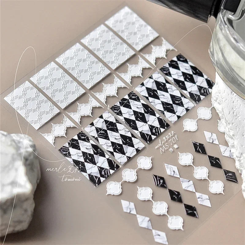 French Style Geometric Black White Square Grid Rhombus Stripe 3D Self Adhesive Nail Art Stickers Shiny Rhinestone Manicure Decal