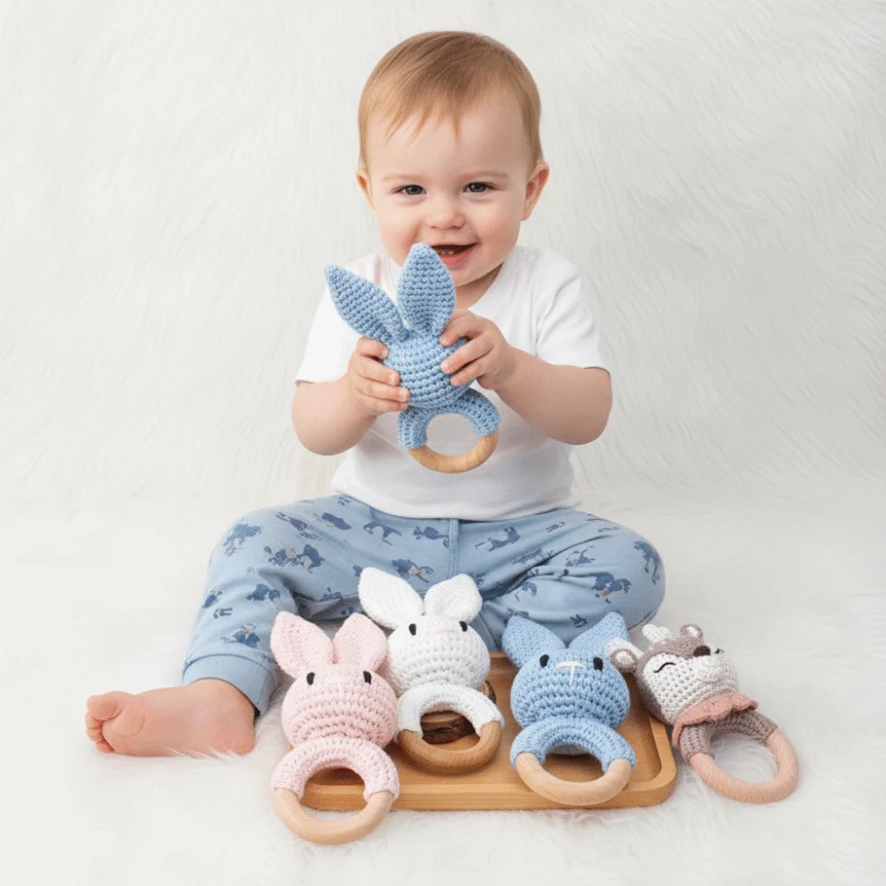 나무로 만든 토끼 아기용 뜨개질 딸랑이, 만화 동물 모양의 씹을 수 있는 나무 치발기 장난감, 부드러운 디자인의 완화 장난감