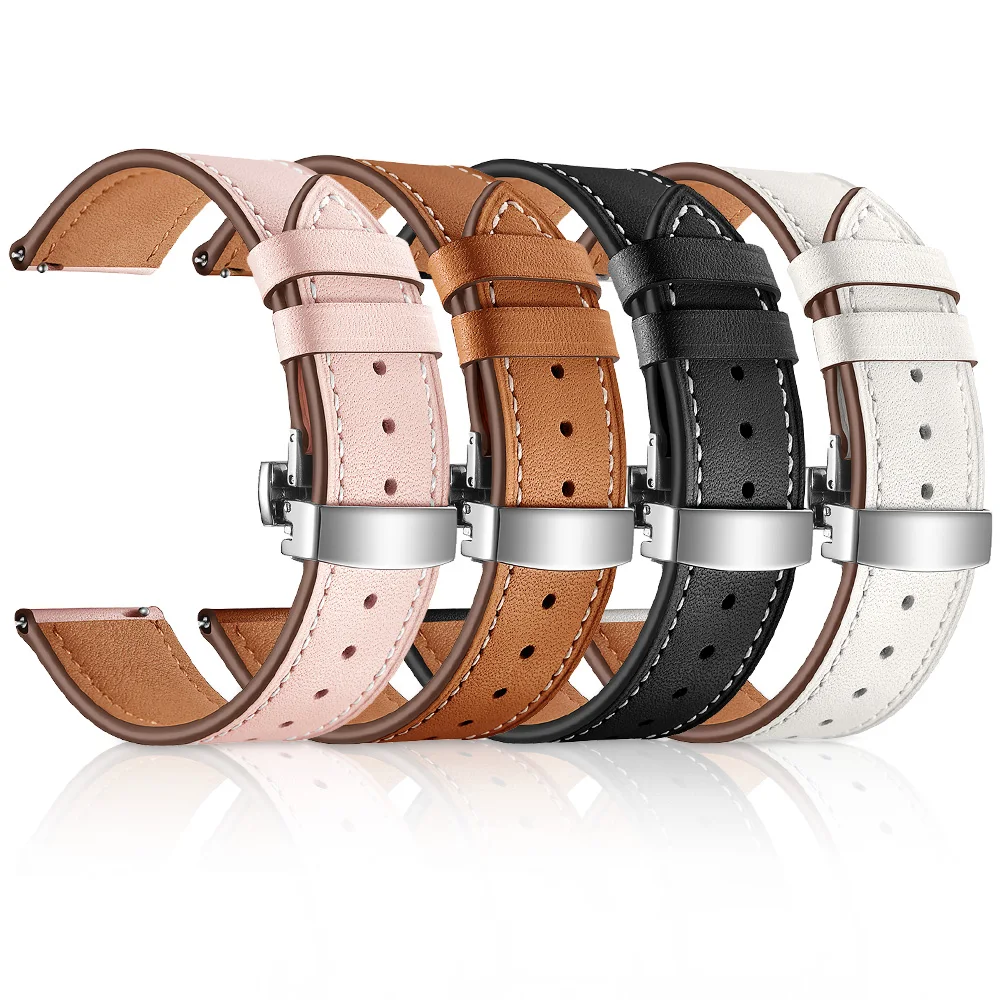 20mm 22mm Butterfly clasp Leather Band for Samsung Galaxy Watch 46mm 42mm Active Bracelet Strap for Gear Sport S3 S2 Classic