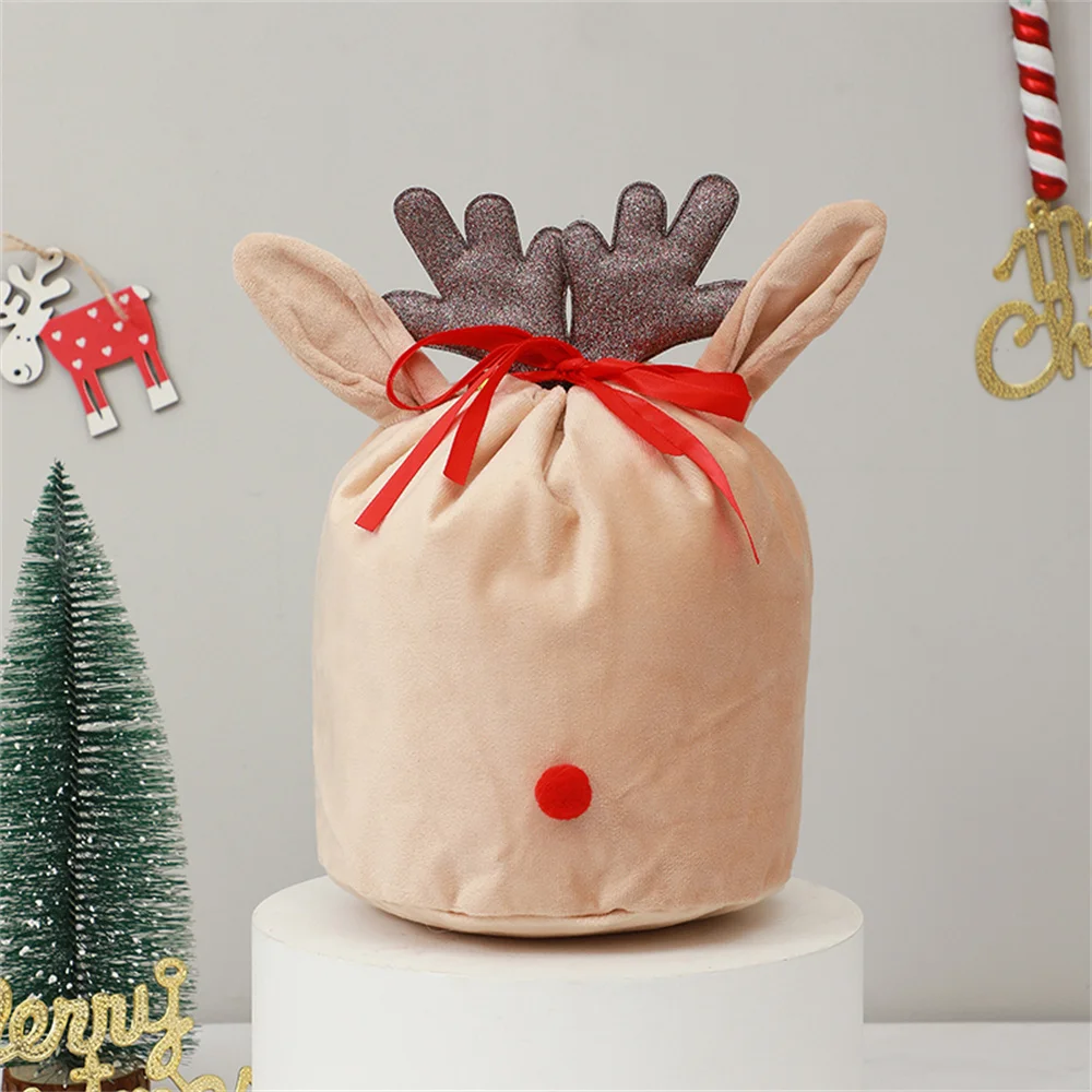 Elk Antler Christmas Gift Bag Red Ribbon Drawstring Bag For Present Soft Minky Xmas Candy Party Decoration