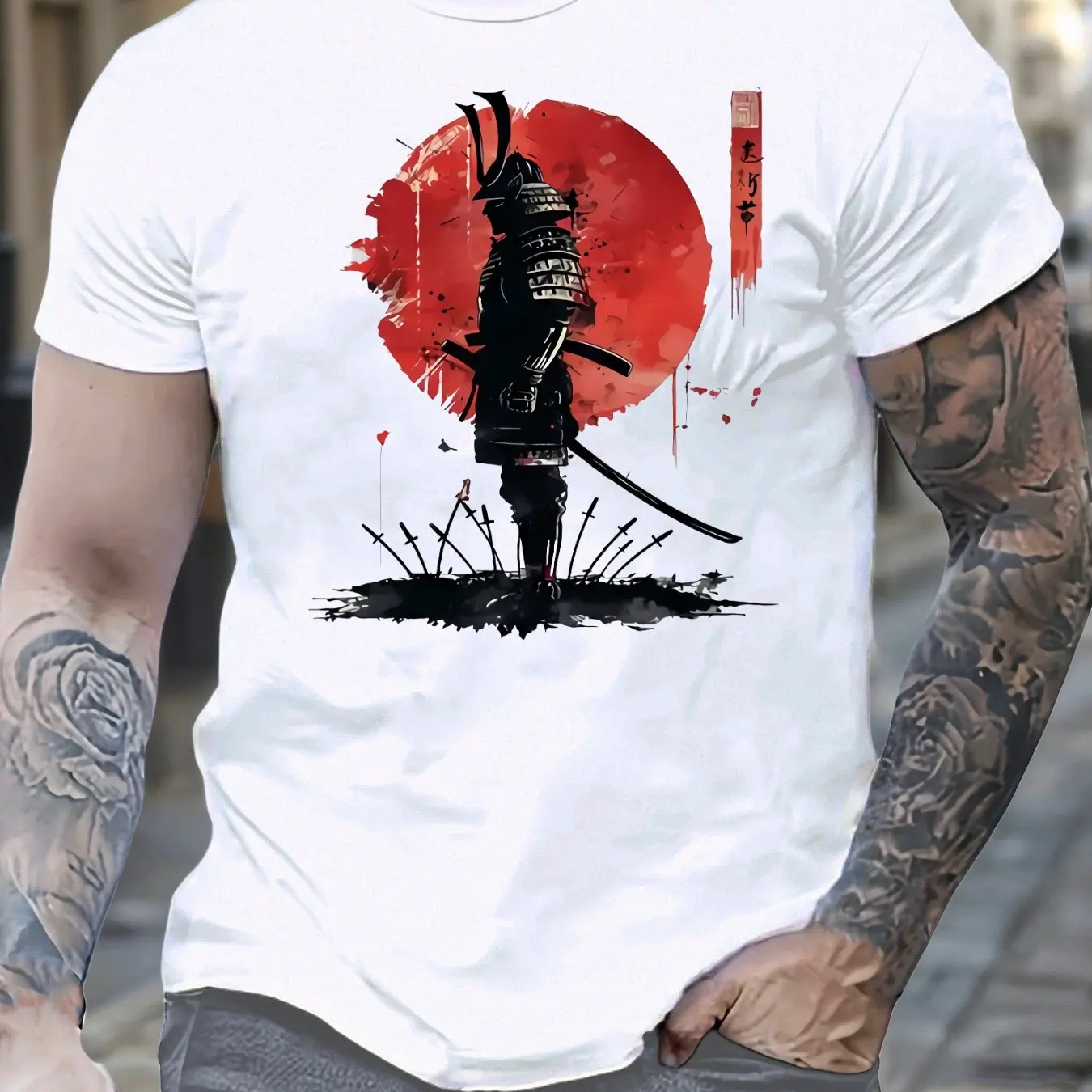 Men Japanese Samurai Graphic T-Shirt Bold Red Circle Sword Design Breathable Summer Casual Regular Fit Round Neck Short Sleeve