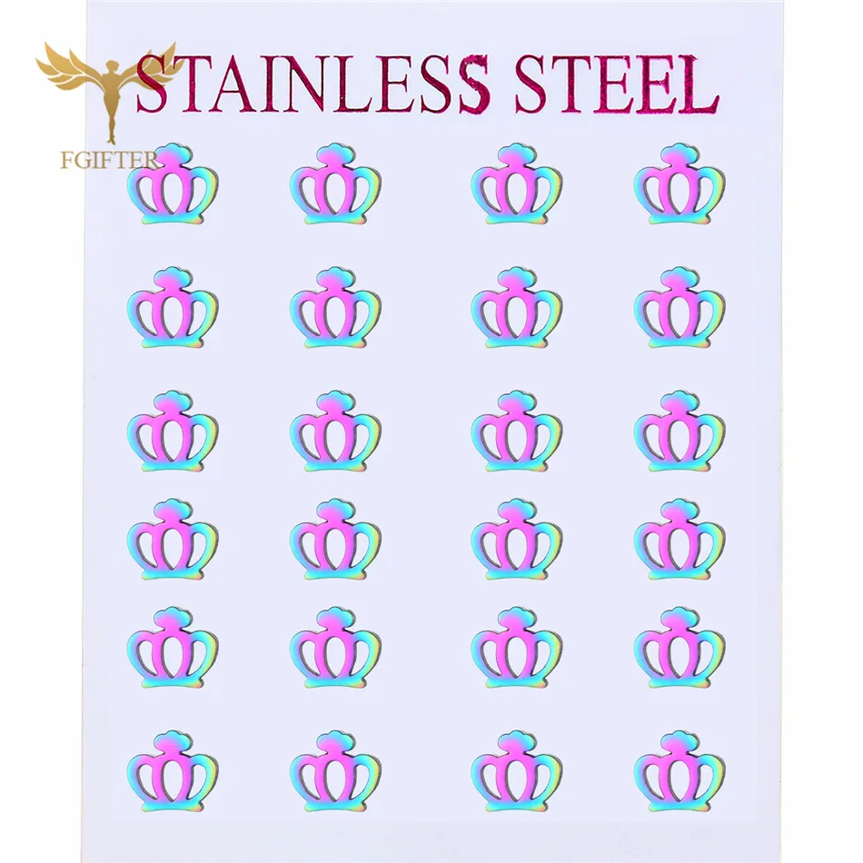 Wholesale Colorful Crown Earrings Girls Women Stainless Steel Jewelry 12 Pairs Lot Stud Earring Set Gift boucles d oreille femme