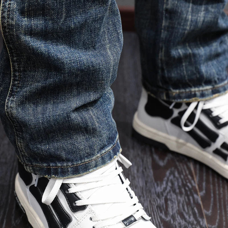 Japanese Style Fashion Men Jeans High Quality Retro Dark Blue Straight Slim Ripped Jeans Men Vintage Designer Denim Pants Hombre