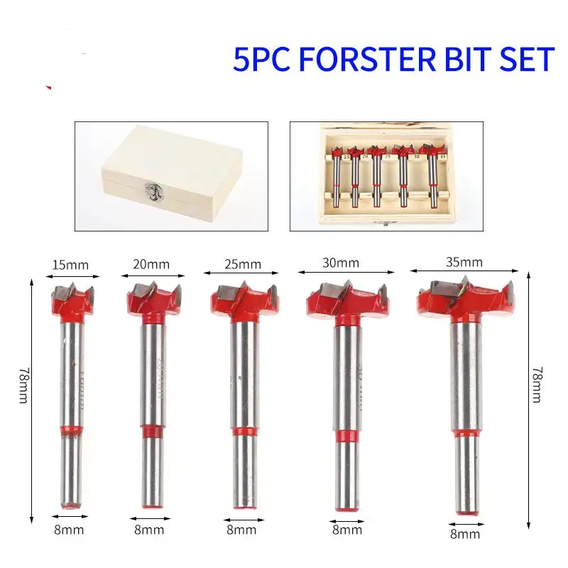 

5pc Forstner Tips Hinge Boring Drill Bit Set for Carpentry Wood Window Hole Cutter Auger Wooden Drilling Dia 15 20 25 30 35mm