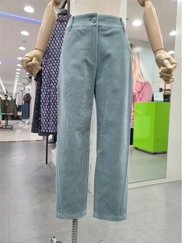 Tebi Home Versatile Retro Corduroy Loose Slim Straight Casual Long Pants High Waist Straight Leg Pants for Women