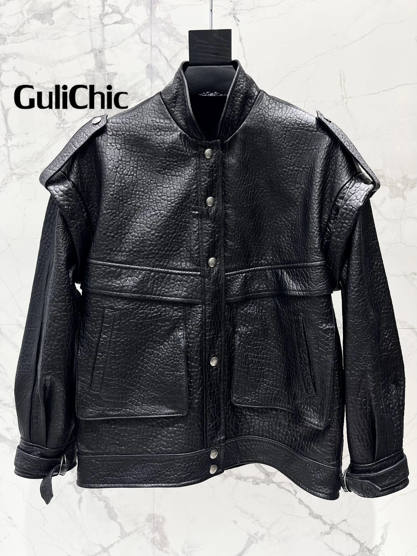 8.14 GuliChic Women\'s High Quality Fashion Design Stand Collar Vintage Genuine Leather Loose Pocket Jacket Coat