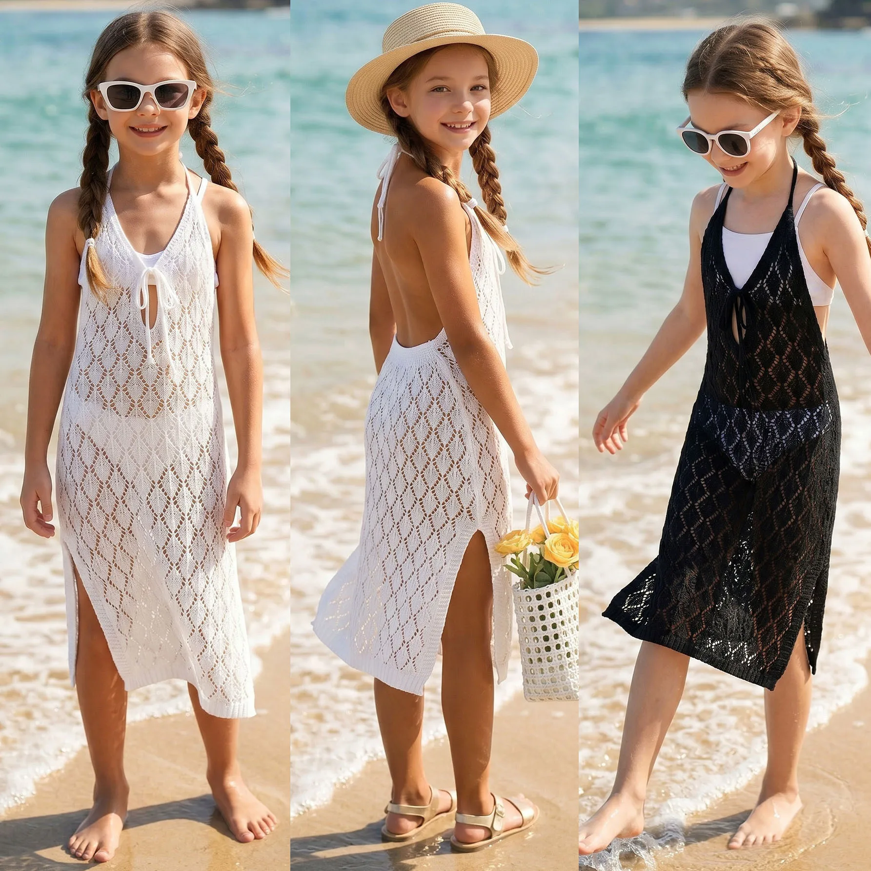 Children's Hollowed Out Knitted Hanging Neck Beach Cover Dress Girls' Vacation Style Backless Split Outerwear