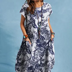 Vintag Elegant Women's Dress O-Neck Short Sleeve Floral Print Mid Dresses Fashion Casual Loose With Pockets Pullover Vestidos