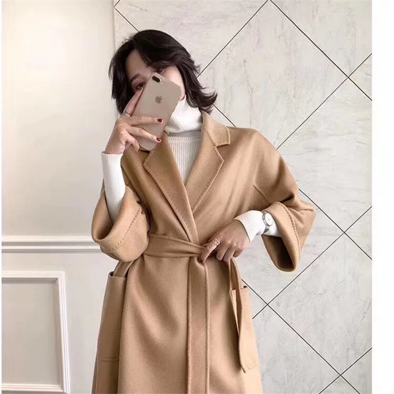 M Family's Same Style Water Wave Pattern Cashmere Coat Long Premium Double Sided Cashmere Coat Women