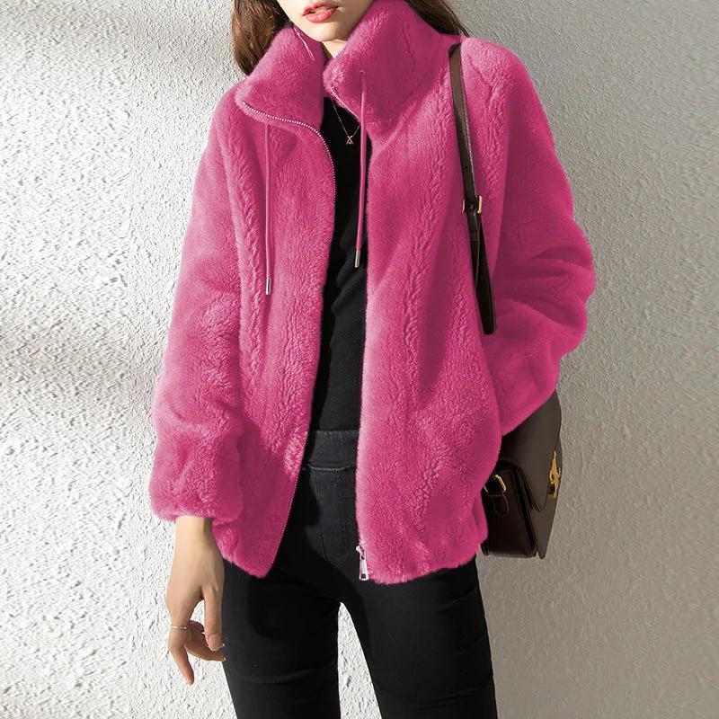 Women Autumn Winter Faux Fur Coats Zipper Cardigan Plush Thick Warm Coat Loose Oversized Outerwear Female Coral Fleece Overcoat