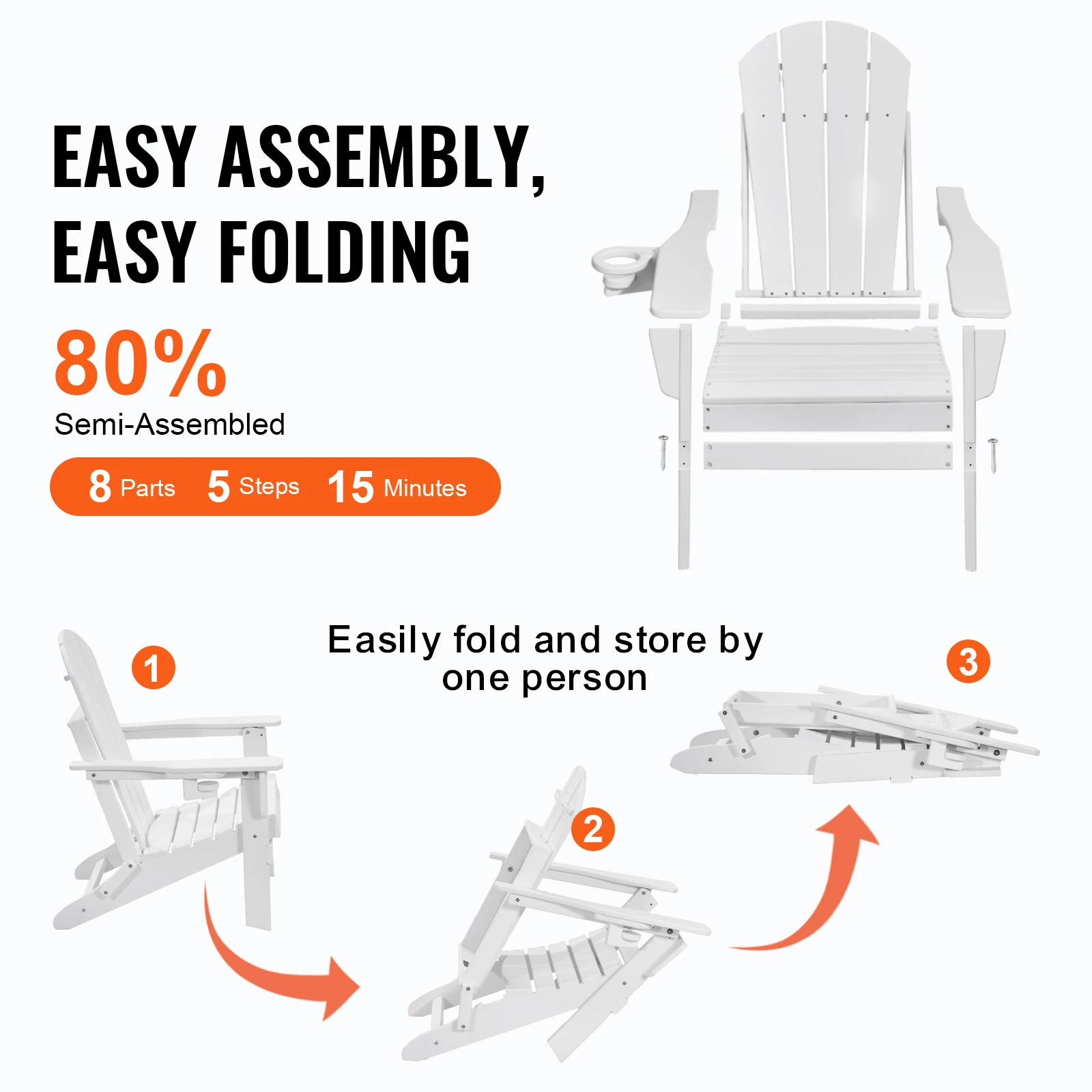Adirondack Chair Plastic, Set of 2 All-Weather Portable Folding Fire Pit Chair, Outdoor Adirondack Patio Chair with Cup Holder, Backyard - White, Featuring Relaxing Arm Rest Ergonomic
