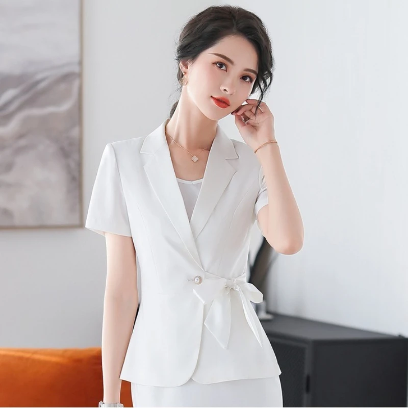 Summer Pink Professional Suit Women Skirt and Short-sleeved Blazer Two-piece Set Elegant Ladies Office Suit Female Blazer /skirt