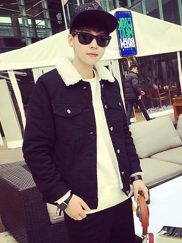 

Winter Thiened Fce Lamb Velvet Men's Denim Jaet Loose Fit Warm Japanese Sle Cotton Coat Youth Faion Outerwear