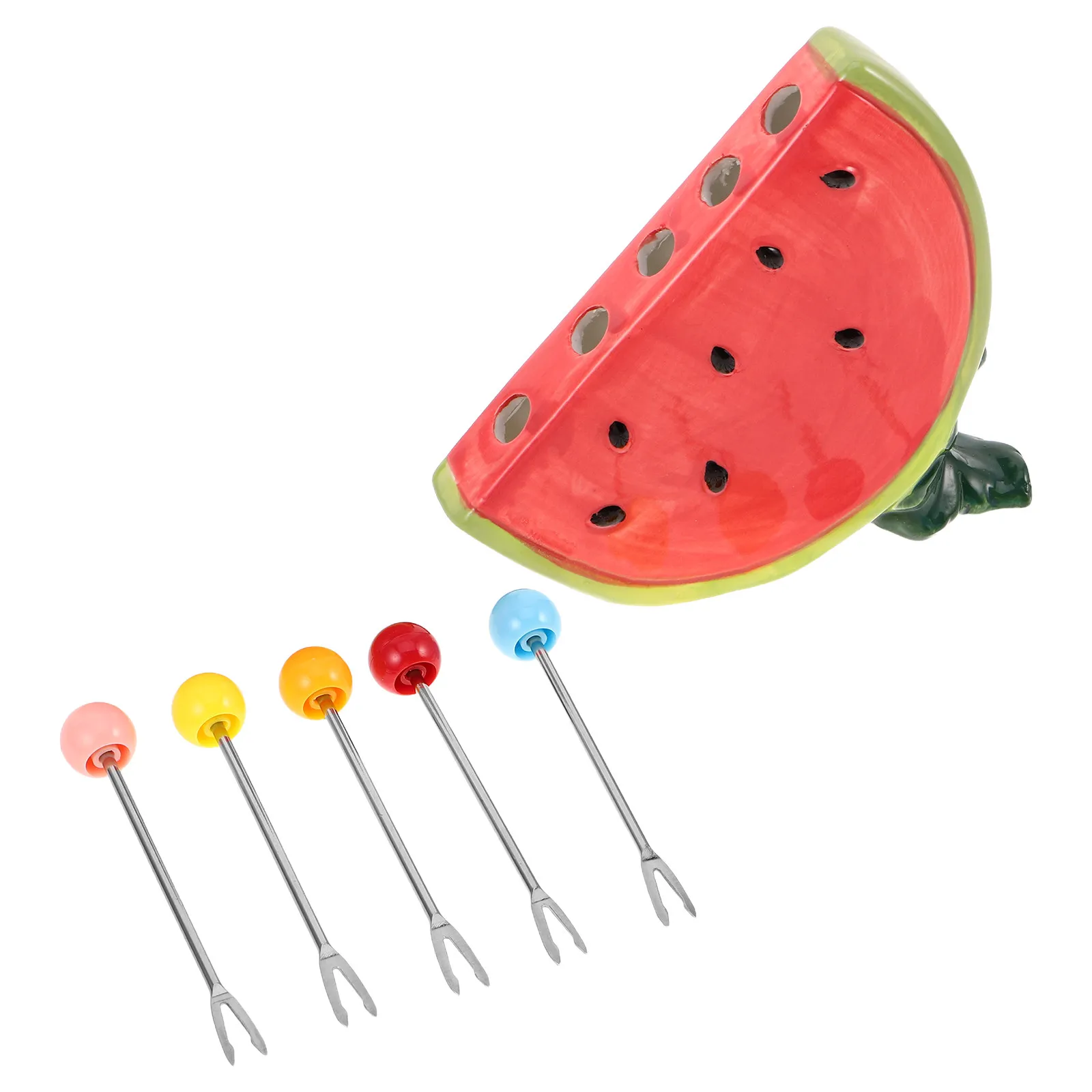 

1Set Stainless Steel Fruit Fork Set with Watermelon Shaped Ceramic Base Portable Mini Dessert Forks for Picnic Bistro Seafood