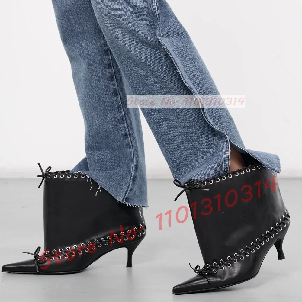 Metal Eyelets Pointy Kitten Heel Ankle Boots Women Trendy Wide Calf Laced Decor Cow Leather Booties Luxury Trendy Bowknot Shoes