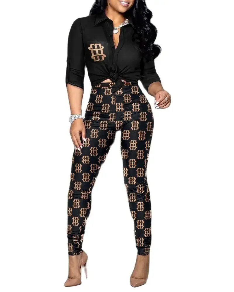 

Autumn Fashion 2 Piece Set Women Shirts and Wide Leg Pants Sets Casual Print Half Sleeves Top & Design Trouser Two Pieces Suits